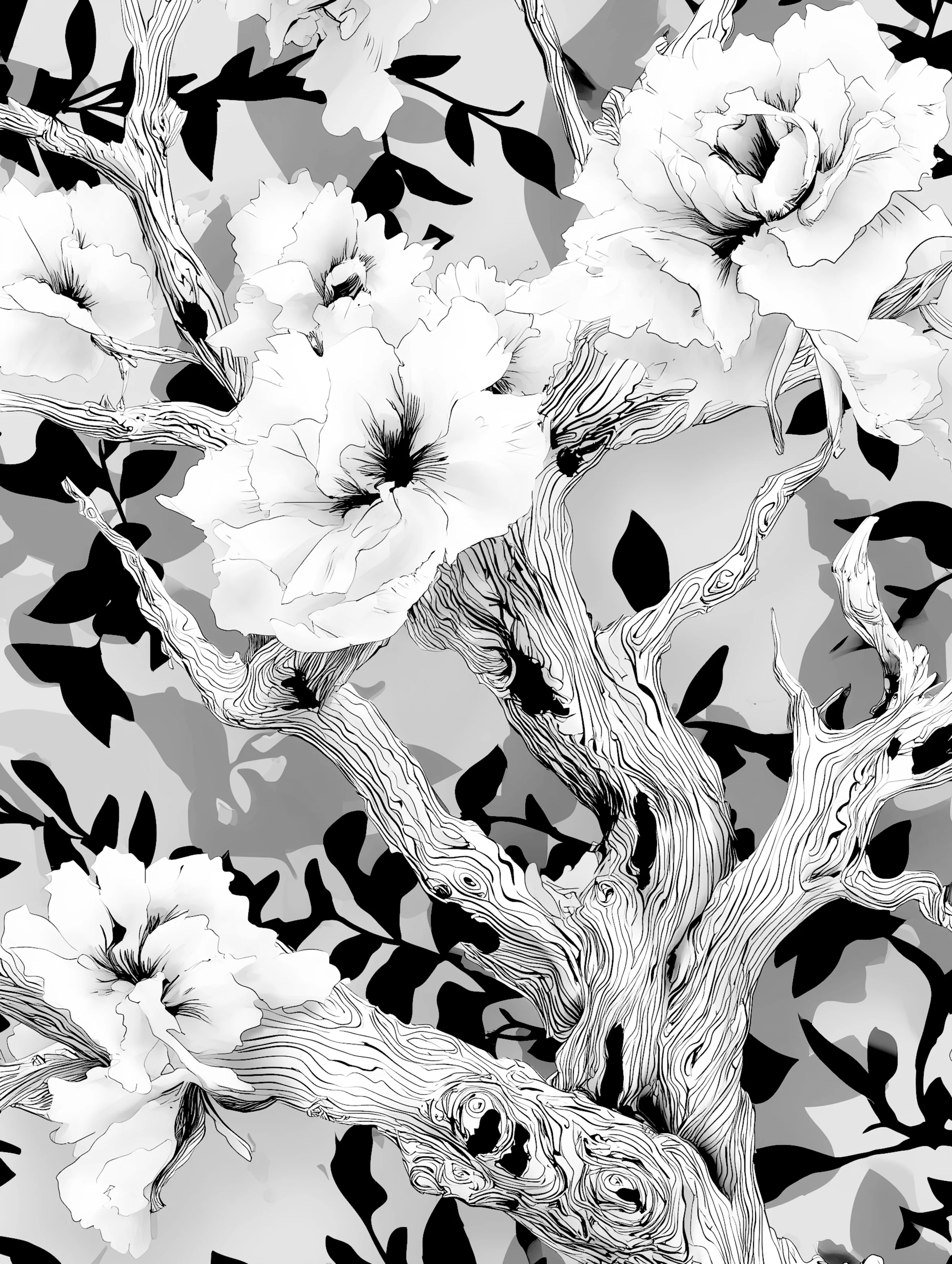 Free printable dead tree coloring page for adults featuring gnarled dead tree with flowers